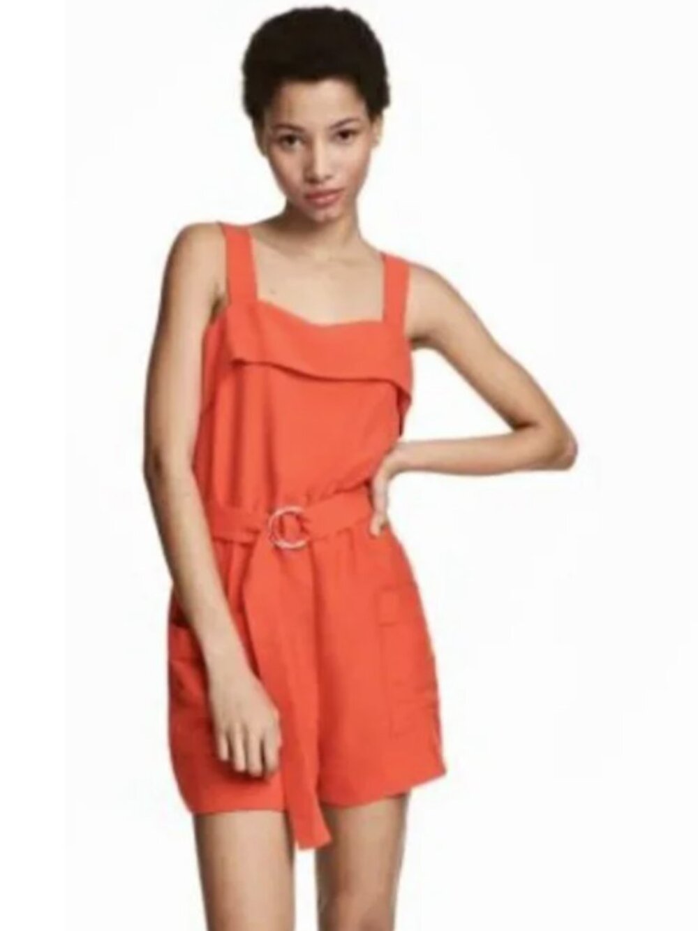 H&M women's XS orange adjustable strap with pockets modal blend romper EUC